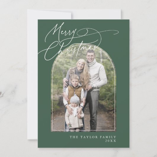 DARCYグリーンアーチファミリークラシックフォトクリスマス シーズンカード (正面)