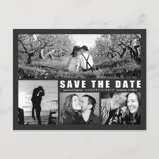 Darkモダン Save The Date 4 Photo Collageはがき 案内ポストカード (正面)
