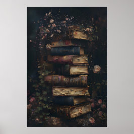 Dark Academia Antique Vintage Books and Roses Wall ポスター