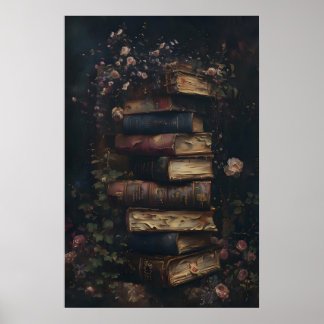 Dark Academia Antique Vintage Books and Roses Wall ポスター