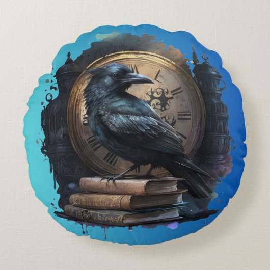 Dark Academia Crow and Clock Pillow ラウンドクッション (正面)