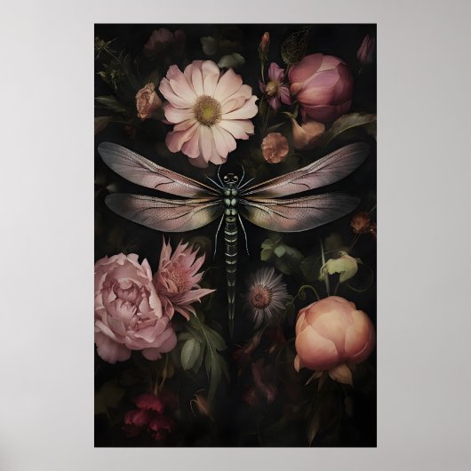 Dark Academia Dragonfly Print, Moody Floral Garden ポスター (正面)