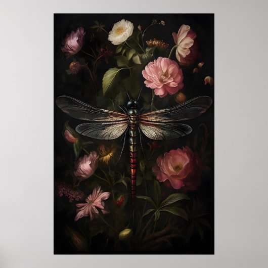 Dark Academia Dragonfly Print, Vintage Flower ポスター (正面)