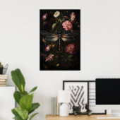 Dark Academia Dragonfly Print, Vintage Flower ポスター (ホームオフィス)
