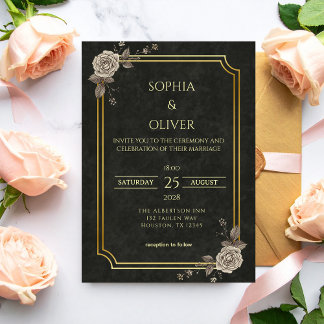Dark Academia Gothic Black Gold Elegant Wedding 招待状