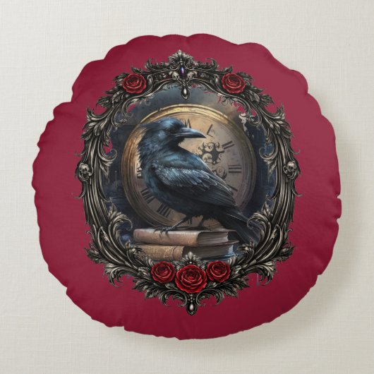 Dark Academia Gothic Raven Clock Library Wreath  ラウンドクッション (正面)