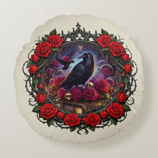 Dark Academia Gothic Raven Rose Wreath  ラウンドクッション (正面)