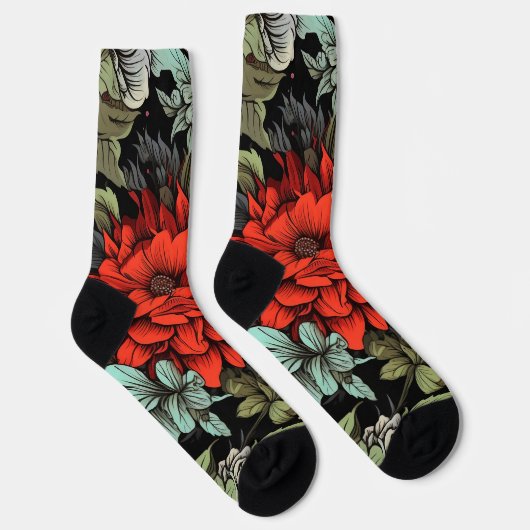 Dark Academia Maximalist Red Dahlia Floral  ソックス (右)