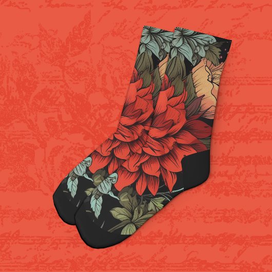 Dark Academia Maximalist Red Dahlia Floral  ソックス
