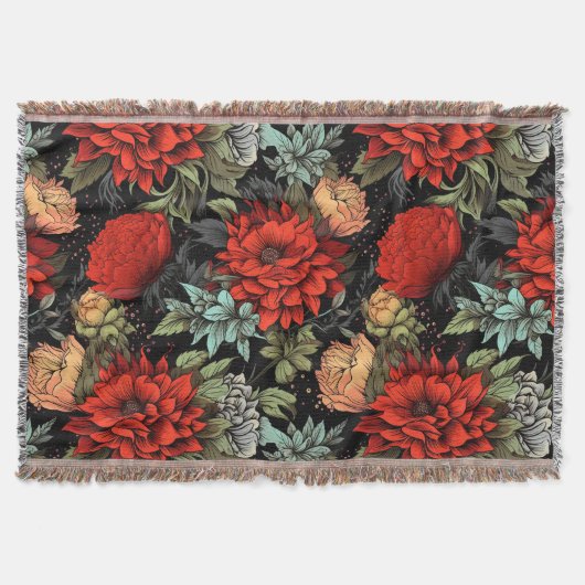 Dark Academia Maximalist Red Dahlia Throw Blanket スローブランケット (正面)
