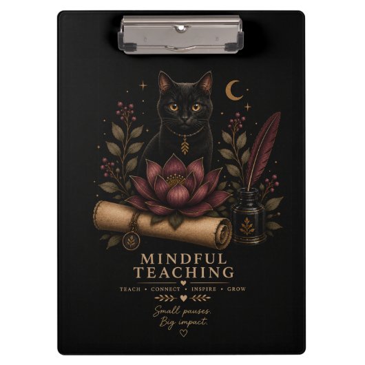 Dark Academia Mindful Teaching Black Cat & Lotus クリップボード (正面)