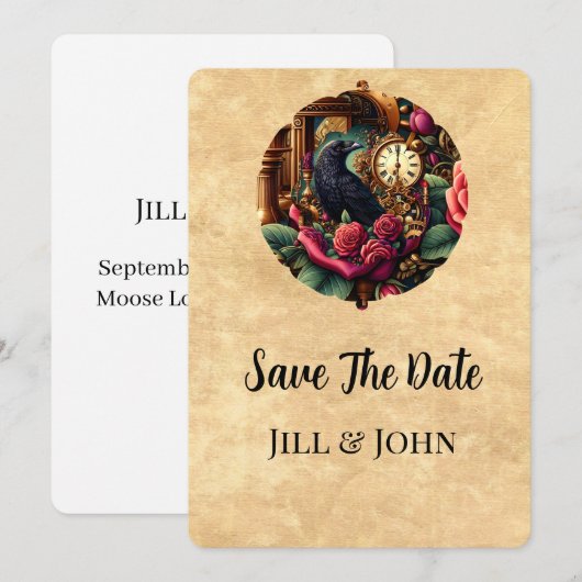 Dark Academia Raven and Clockwork Save the Date (正面/裏面)