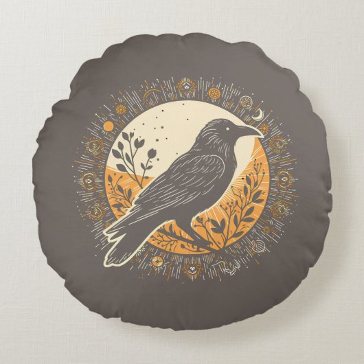 Dark Academia Raven Gothic Moon Clock Vines Boho ラウンドクッション (正面)