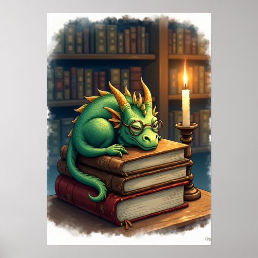 Dark Academia Reading Dragon Sticker Bookworm Slee ポスター (正面)