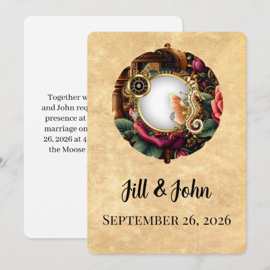 Dark Academia Steampunk Clock Wedding Invitation 招待状 (正面/裏面)