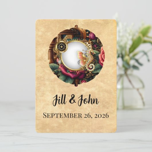 Dark Academia Steampunk Clock Wedding Invitation 招待状 (スタンド正面)