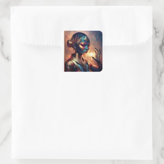 Dark Alien Princess Poses With Fiery Background スクエアシール (バッグ)