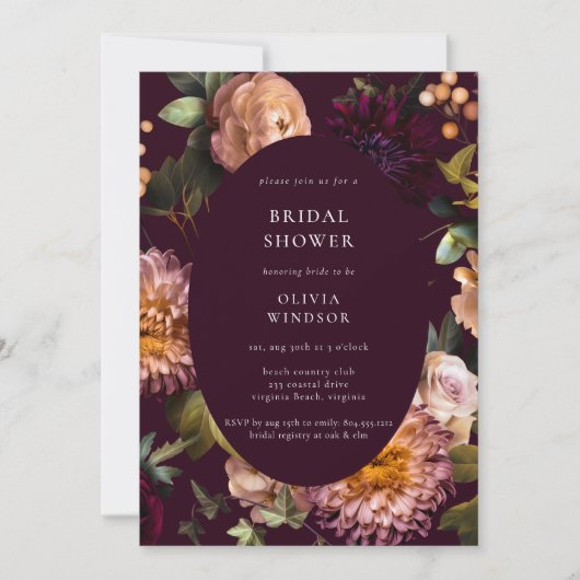 Dark and Moody Burgundy  Floral Bridal Shower  招待状 (正面)