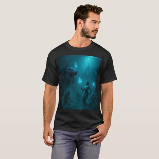 Dark Aquatic Warrior & Sea Beast Fantasy Art Tシャツ (正面フル)