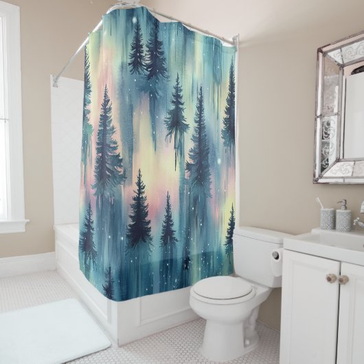 Dark Aurora Borealis Night Forest (10) シャワーカーテン (インサイチュ)