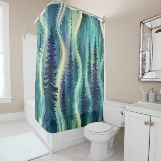 Dark Aurora Borealis Night Forest (5) シャワーカーテン (インサイチュ)