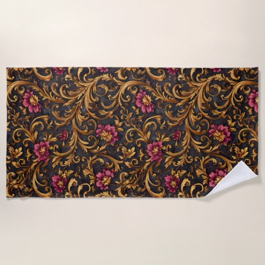 Dark Baroque Floral with Gold Scrolls ビーチタオル (正面)