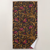 Dark Baroque Floral with Gold Scrolls ビーチタオル (正面)