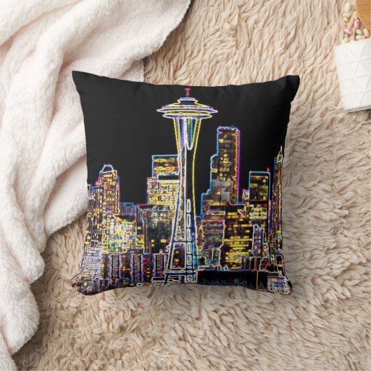 Dark be the Night - Luminous Seattle Skyline クッション (ブランケット)
