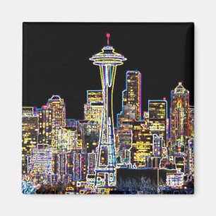 Dark be the Night - Luminous Seattle Skyline マグネット