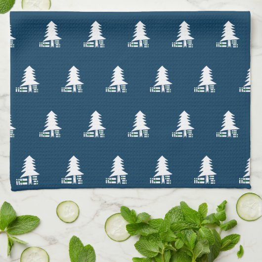Dark Blue and White Christmas Tree Design キッチンタオル (折り畳み)