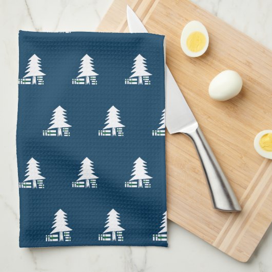 Dark Blue and White Christmas Tree Design キッチンタオル (四つ折り)