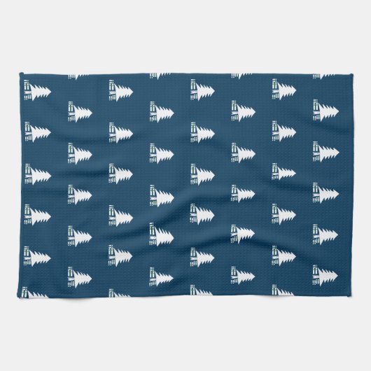 Dark Blue and White Christmas Tree Design キッチンタオル (横)