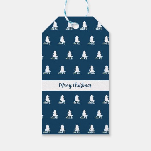 Dark Blue and White Christmas Tree Design ギフトタグ (正面)