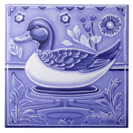 Dark Blue and White Duck European Folk Animal Art タイル