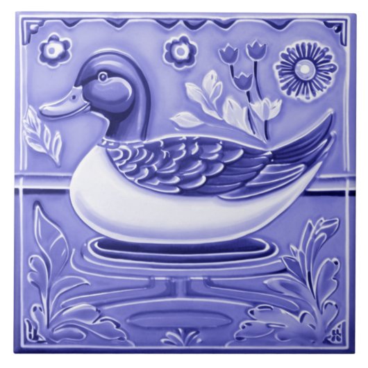 Dark Blue and White Duck European Folk Animal Art タイル (正面)