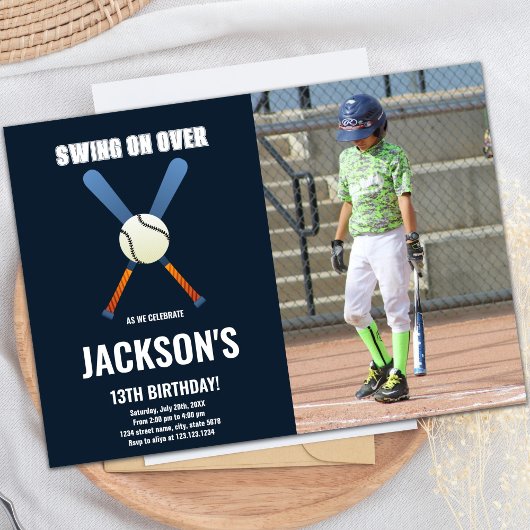 Dark Blue Baseball Birthday Invitations with photo 招待状