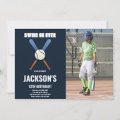 Dark Blue Baseball Birthday Invitations with photo 招待状 (正面)