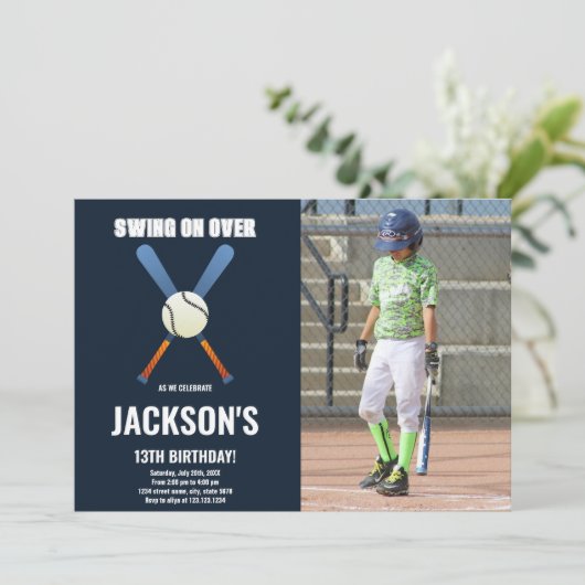 Dark Blue Baseball Birthday Invitations with photo 招待状 (スタンド正面)