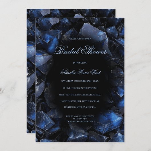 Dark Blue Boho Witch Crystals Black Bridal Shower 招待状 (正面/裏面)