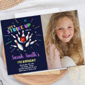 Dark Blue Bowling Birthday Invitations with photo 招待状