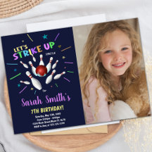 Dark Blue Bowling Birthday Invitations with photo