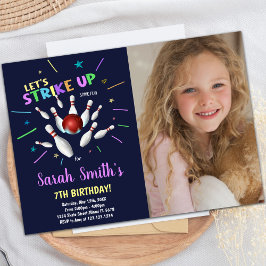 Dark Blue Bowling Birthday Invitations with photo 招待状