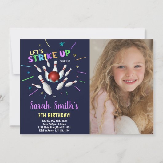 Dark Blue Bowling Birthday Invitations with photo 招待状 (正面)