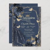 Dark Blue Dress,Roses,Gold Butterflies Quinceañera 招待状 (正面/裏面)