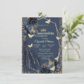 Dark Blue Dress,Roses,Gold Butterflies Quinceañera 招待状 (スタンド正面)