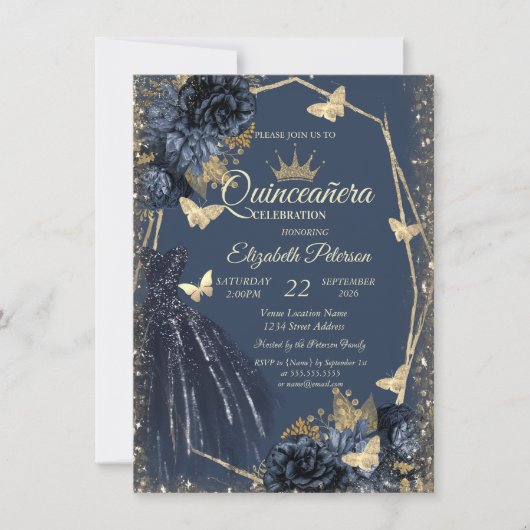Dark Blue Dress,Roses,Gold Butterflies Quinceañera 招待状 (正面)
