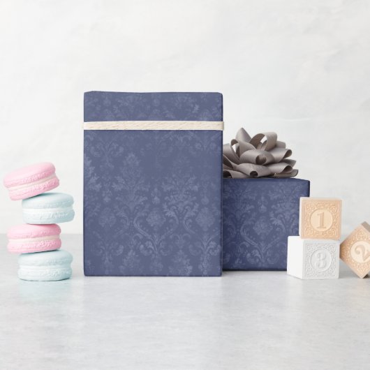 Dark Blue Floral Damask Wrapping Paper Roll ラッピングペーパー (ベビーシャワー)