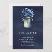 Dark Blue Floral Mason Jar Photo Wedding セーブザデート (正面)