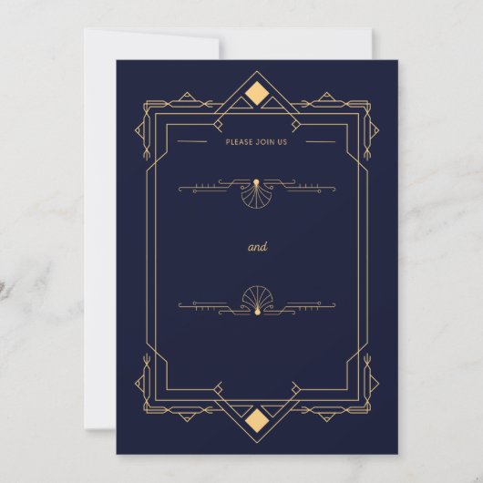 Dark Blue &Gold Art Deco Style Wedding Invitation 招待状 (正面)