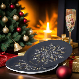 Dark Blue & Gold Midnight Sparkle Stars New Year  ペーパープレート